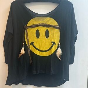 Black Graphic Tee with 3/4 Sleeves and Relaxed Fit